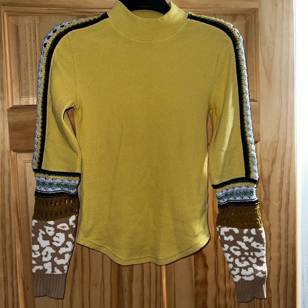 Free people Yellow/green Knit Sweater with Patterned Sleeves